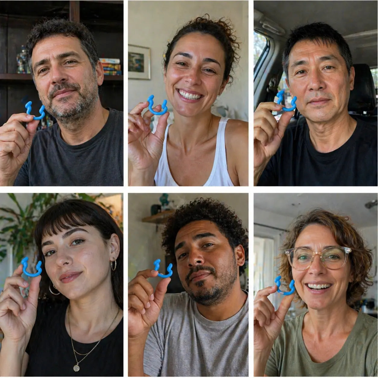 Seis personas reales y diferentes sosteniendo Ronix AirFlow en la mano en ambientes cotidianos, mostrando el producto de forma natural como experiencia de cliente.