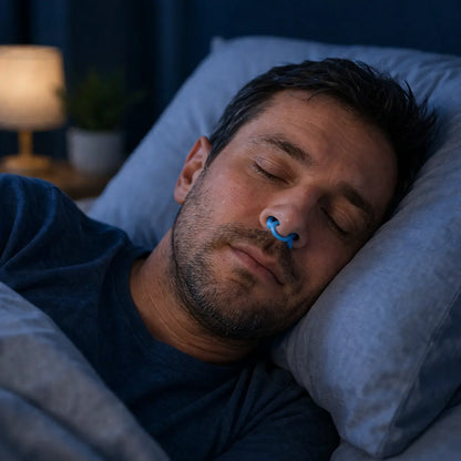 Hombre adulto durmiendo de lado usando Ronix AirFlow en la nariz en un ambiente relajado y confortable durante la noche