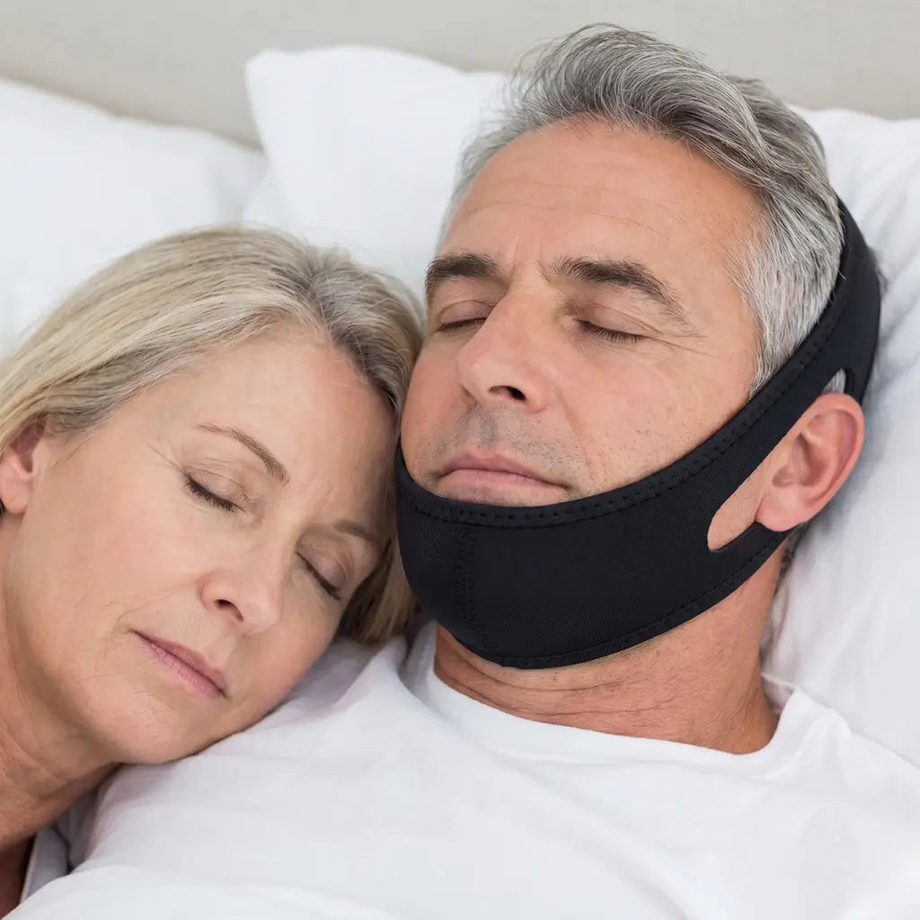 Pareja durmiendo tranquila gracias a la banda anti ronquidos Ronix Sleep Band