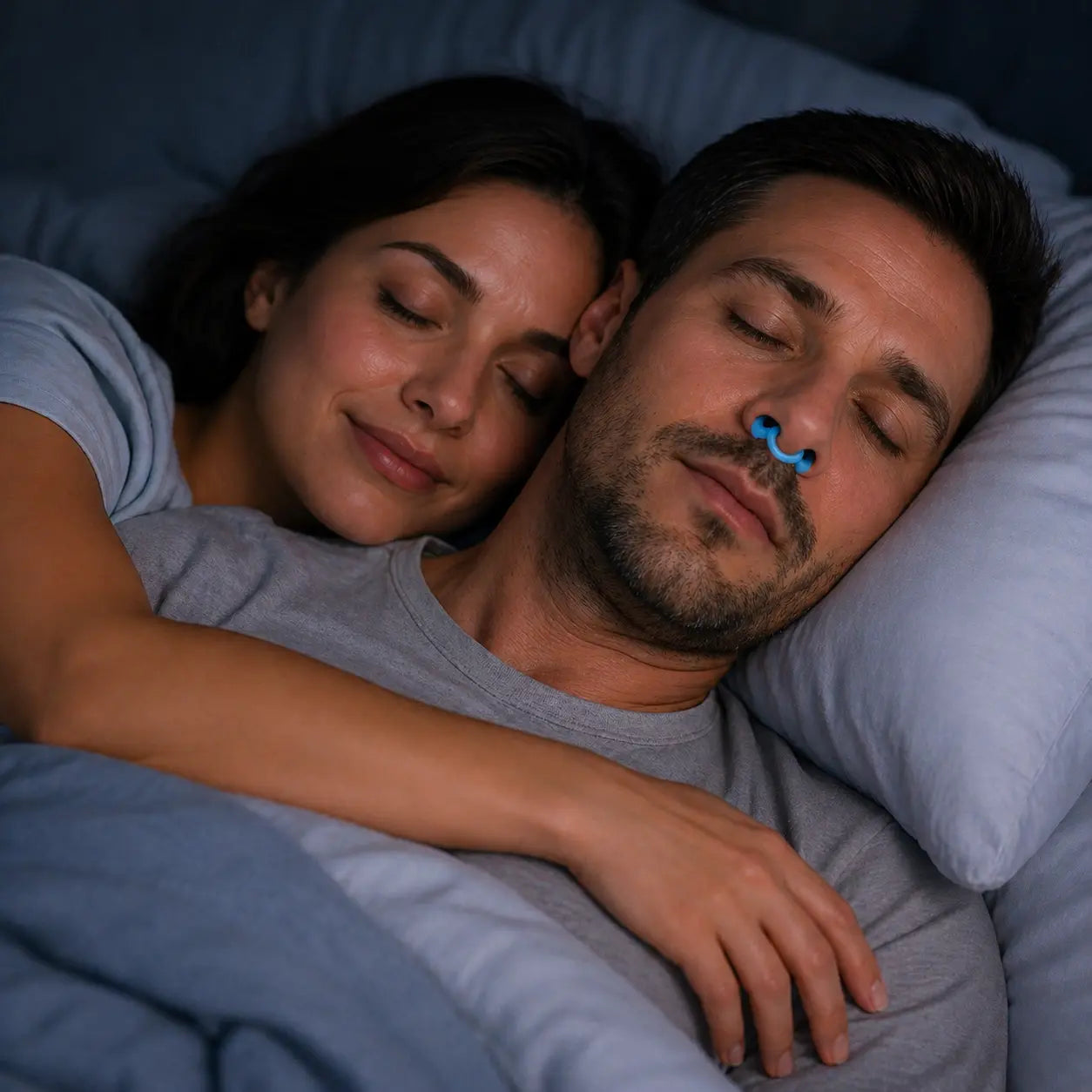 Pareja descansando abrazada mientras el hombre usa Ronix AirFlow como apoyo nasal para una noche más tranquila y sin molestias