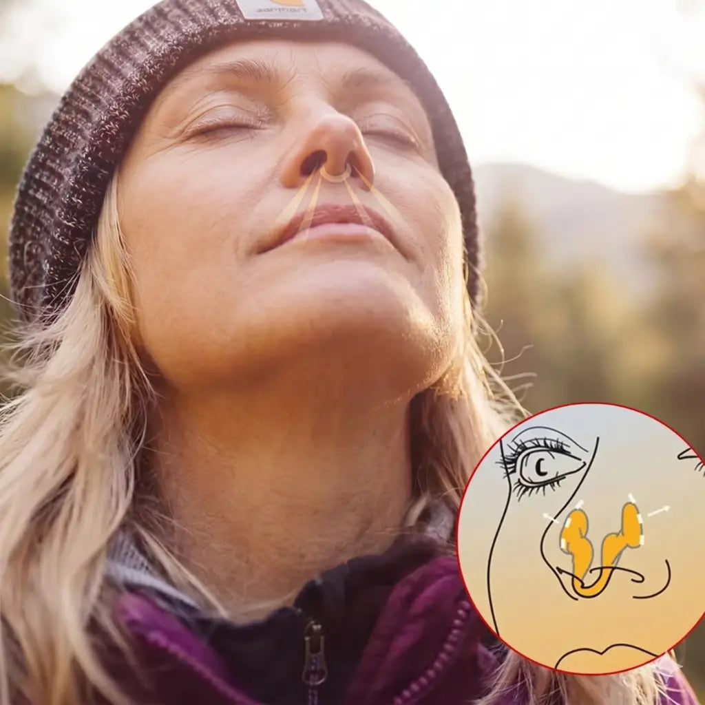 Mujer con gorro al aire libre usando un dilatador nasal con los ojos cerrados, junto a diagrama ilustrativo que muestra cómo el dilatador abre las fosas nasales para mejorar el flujo de aire