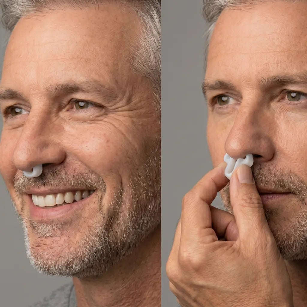 Hombre adulto sonriendo con el dilatador nasal Ronix™ AirFlow colocado, y detalle de cómo insertarlo con los dedos en las fosas nasales