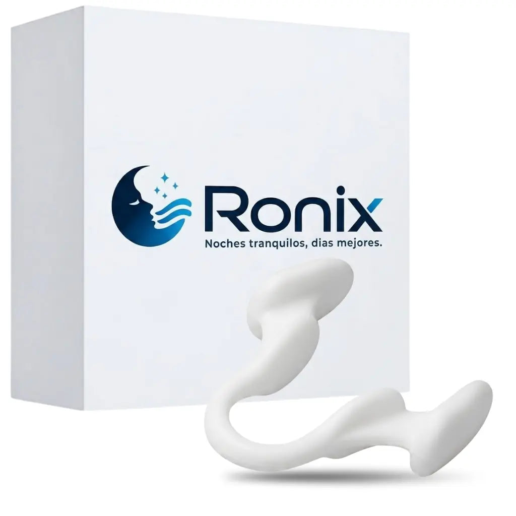 Dilatador nasal de silicona blanca Ronix™ AirFlow apoyado frente a su caja de presentación con el logo y el lema "Noches tranquilas, días mejores"