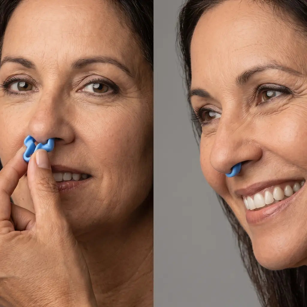 Mujer adulta insertando el dilatador nasal azul Ronix™ AirFlow con los dedos y sonriendo con el dispositivo colocado en las fosas nasales