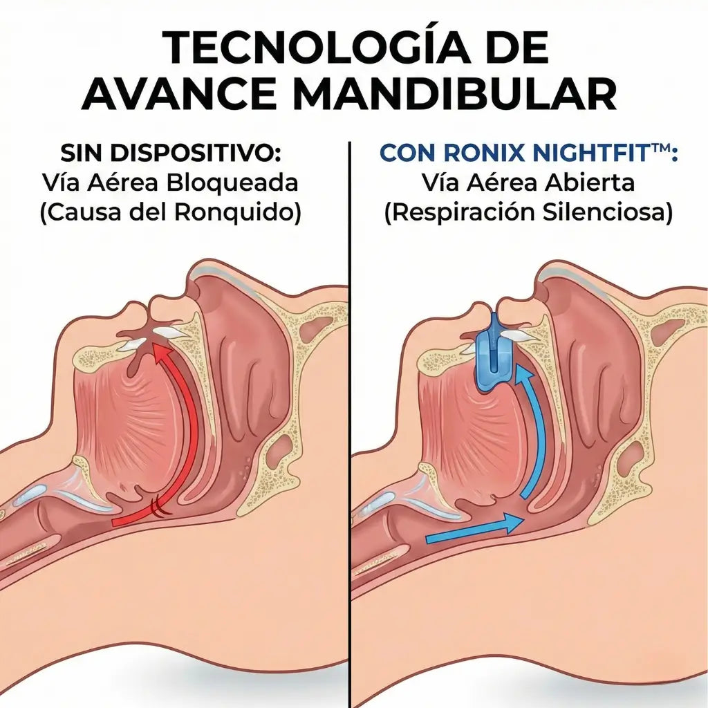 Tecnología de avance mandibular Ronix NightFit comparativa de vía aérea bloqueada vs vía aérea abierta para eliminar el ronquido